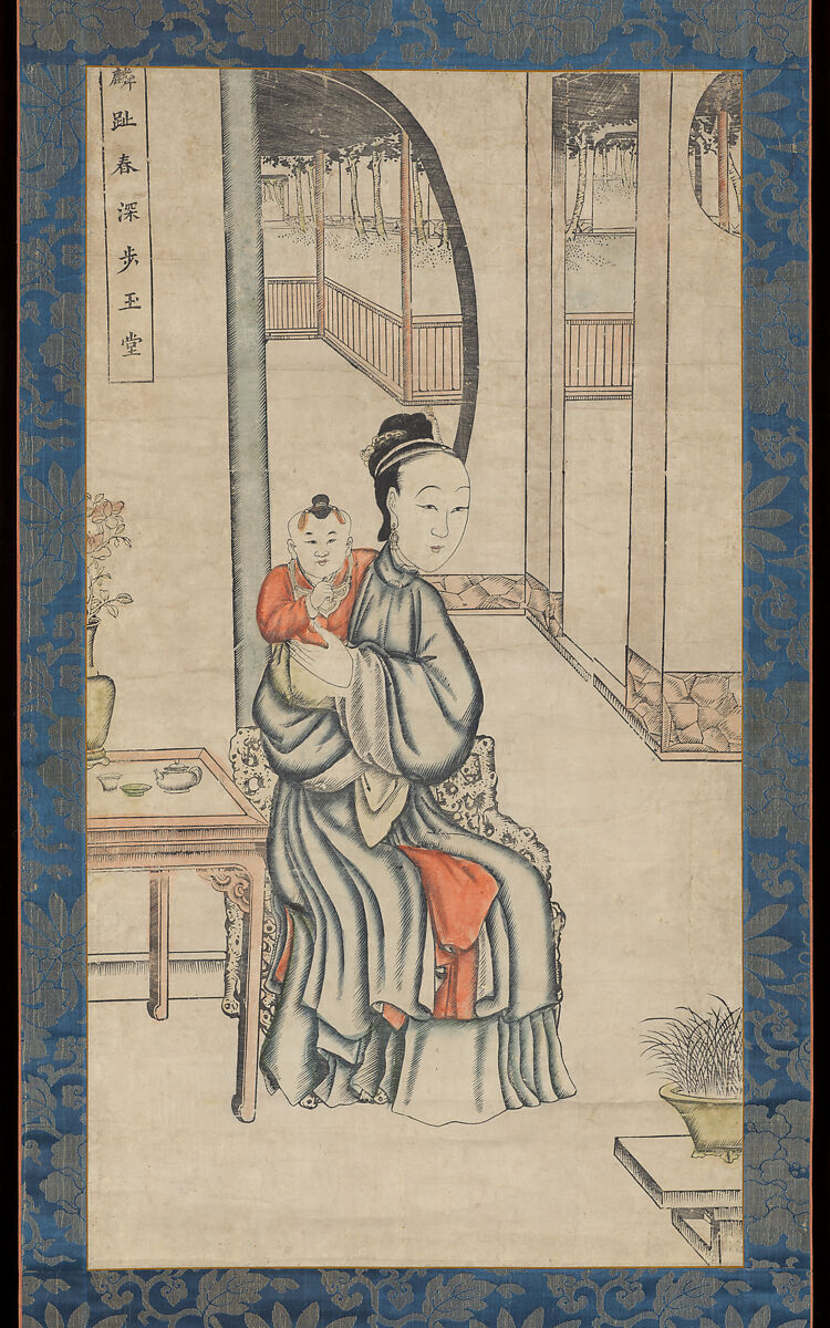 Mother and Child, Hanging scroll; woodblock print; ink on paper with additional hand coloring, China 