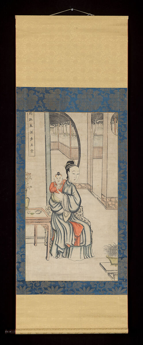 Mother and Child, Hanging scroll; woodblock print; ink on paper with additional hand coloring, China