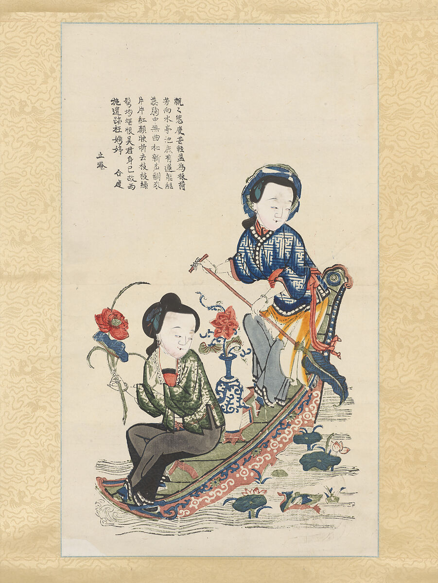 Two Beauties Gather Lotus, Hanging scroll; woodblock print; ink on paper with additional hand coloring, China