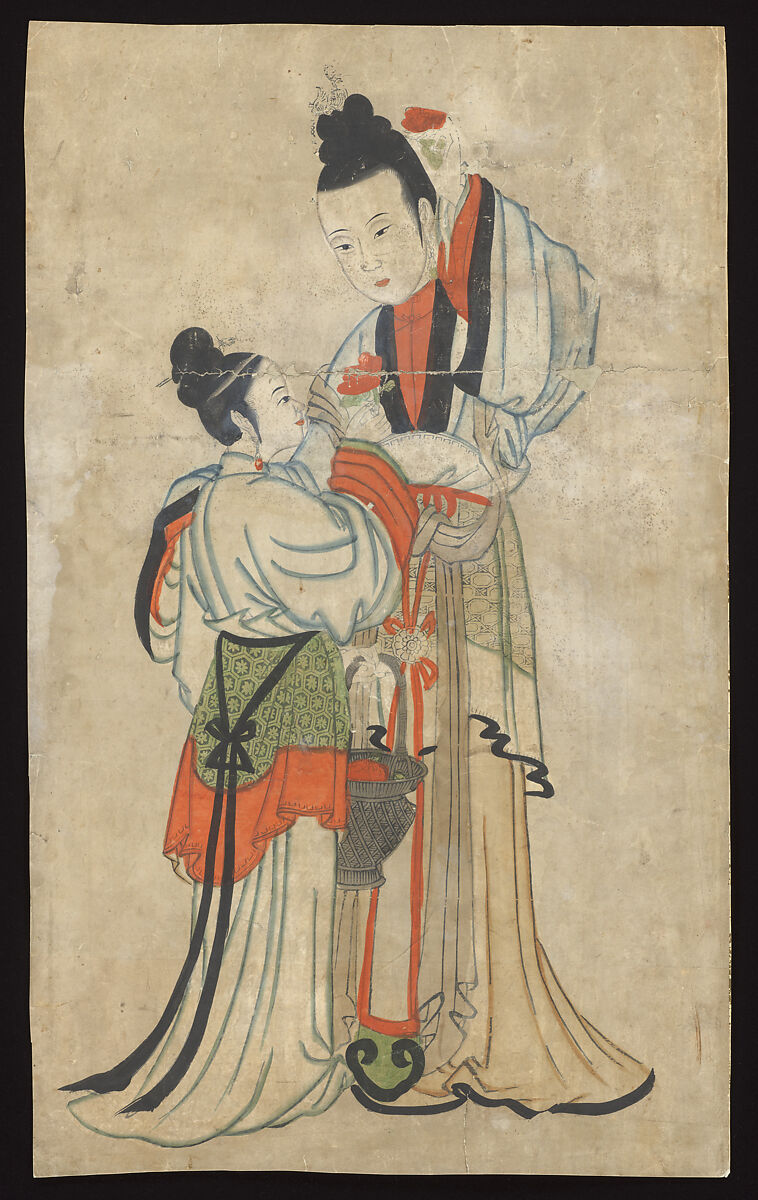 Ladies with Peony Flowers, Woodblock print; ink on paper with additional hand coloring, China 