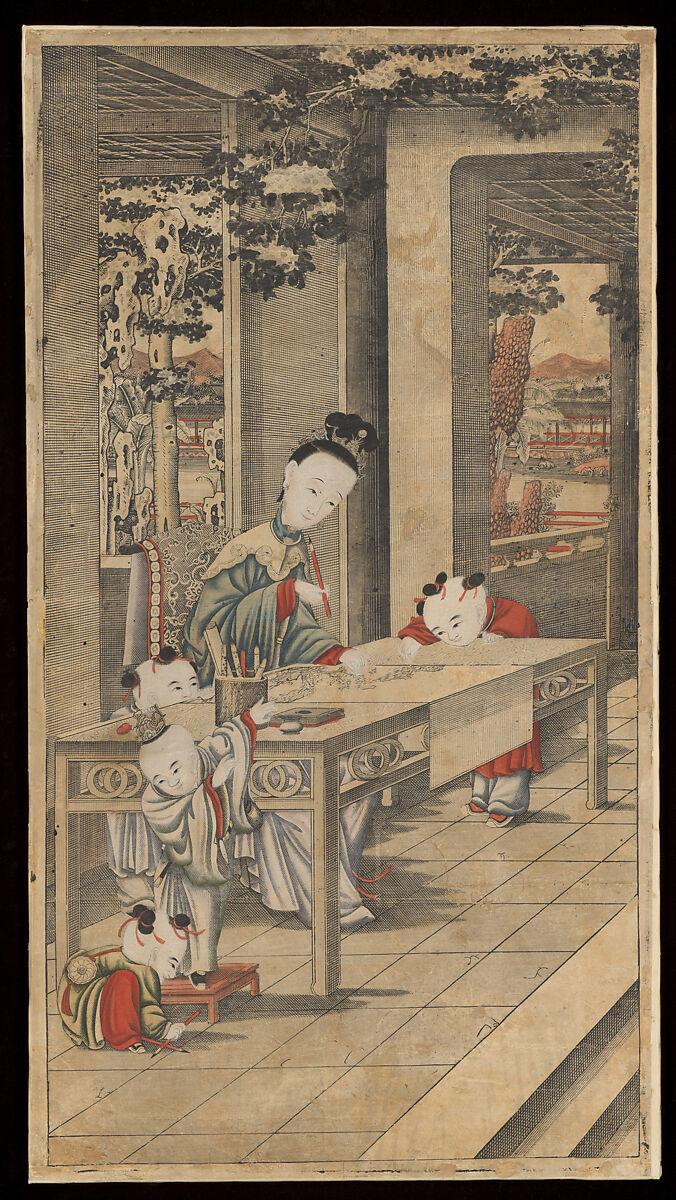 Woman teaching children to paint, from four-print set “Women teaching children the four accomplishments”, Woodblock print; ink on paper with additional hand coloring, China 