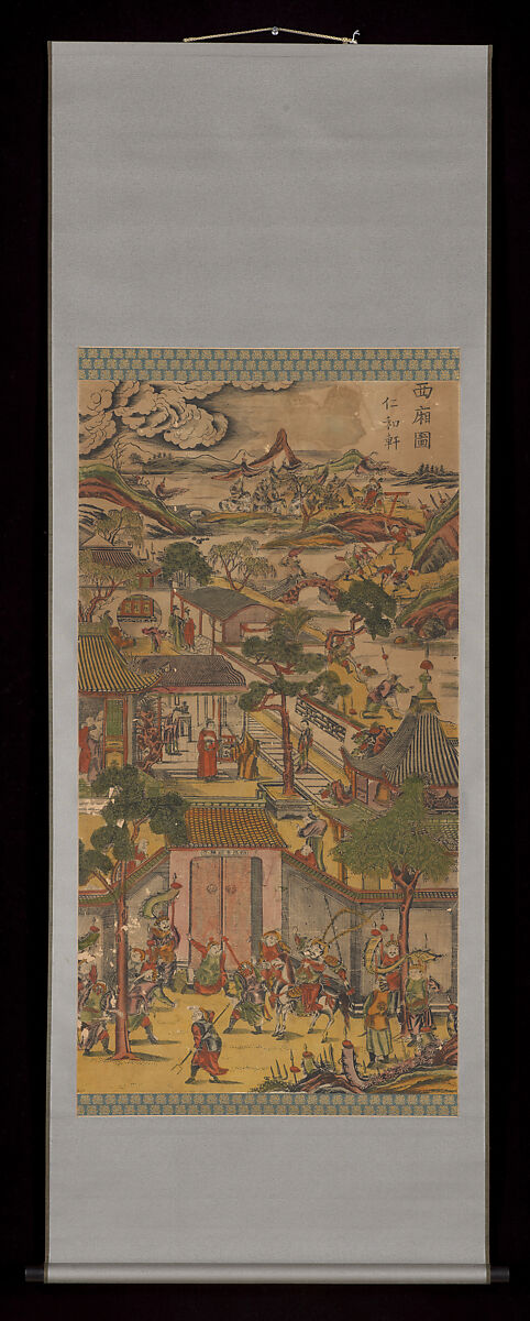 Story of the Western Chamber, HaHanging scroll; woodblock print; two shades of ink on paper with additional hand coloring, China