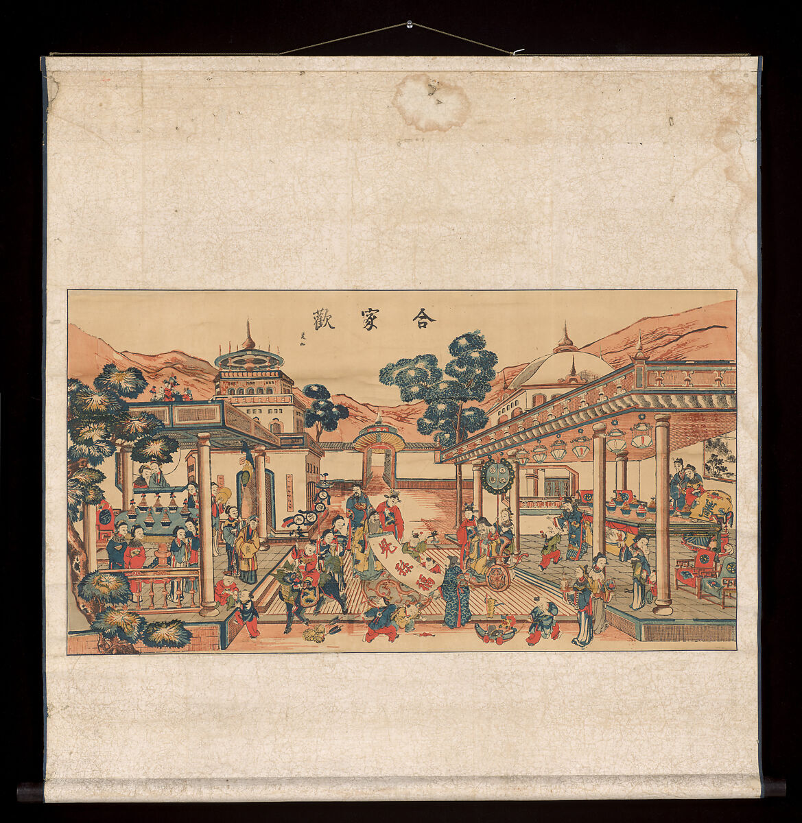Picture of a Happy Family, Hanging scroll; woodblock print; ink on paper with additional hand coloring, China, Suzhou