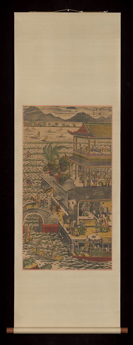 Scenic View of Yueyang Tower, Hanging scroll; woodblock print; ink on paper with additional hand coloring, China