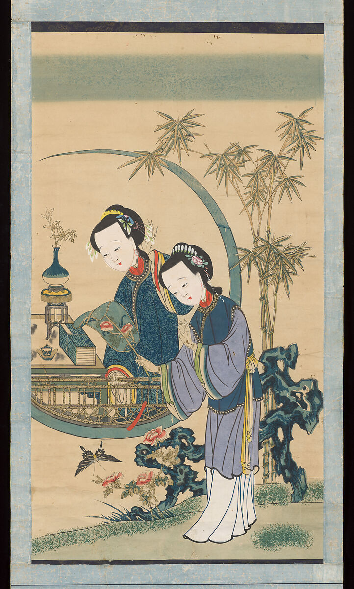 Two Beauties Enjoy a Butterfly, Hanging scroll; woodblock print; ink on paper with additional hand coloring, China 