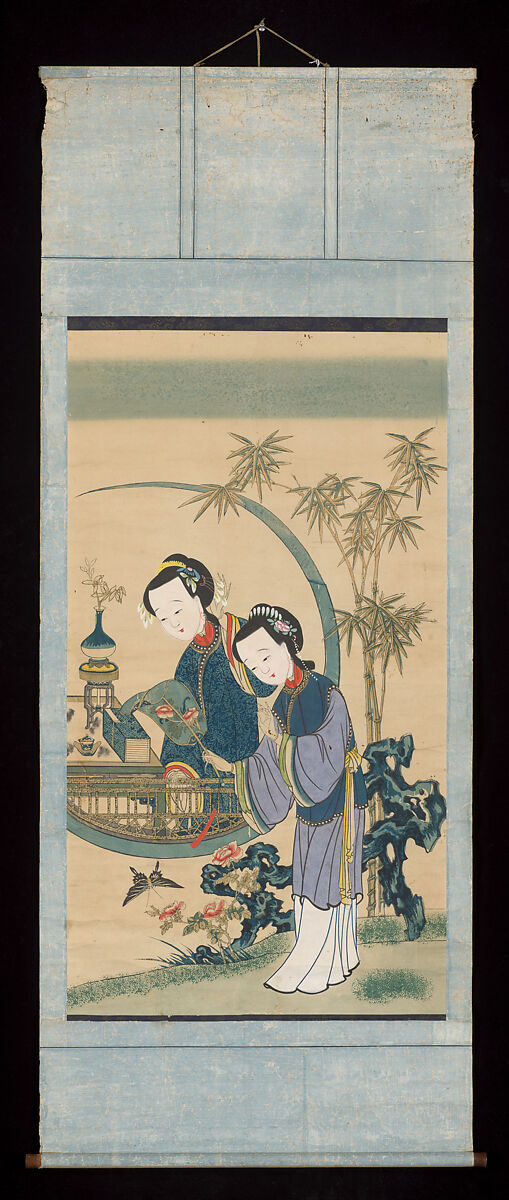 Two Beauties Enjoy a Butterfly, Hanging scroll; woodblock print; ink on paper with additional hand coloring, China, Suzhou