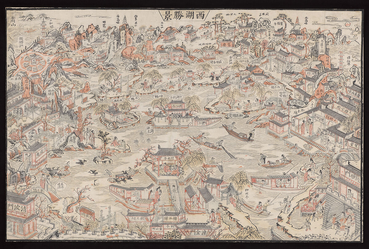 The Beautiful Scenery of West Lake, Woodblock print; ink on paper with additional hand coloring, China