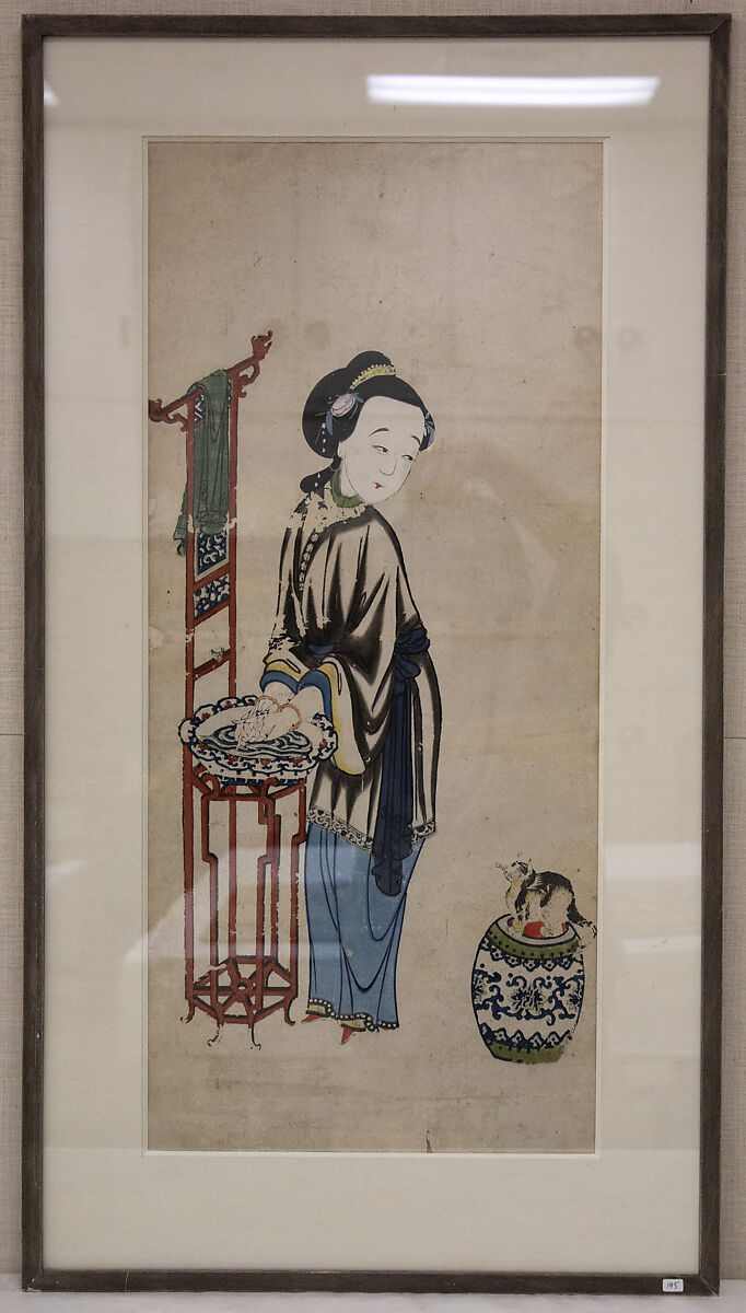 Beauty and a Cat, Woodblock print; ink on paper with additional hand coloring, China 