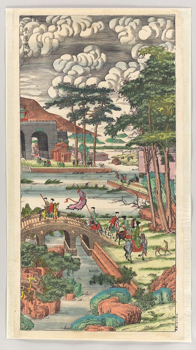 A Hunt on the Plains, Woodblock print; ink on paper with additional hand coloring, China 
