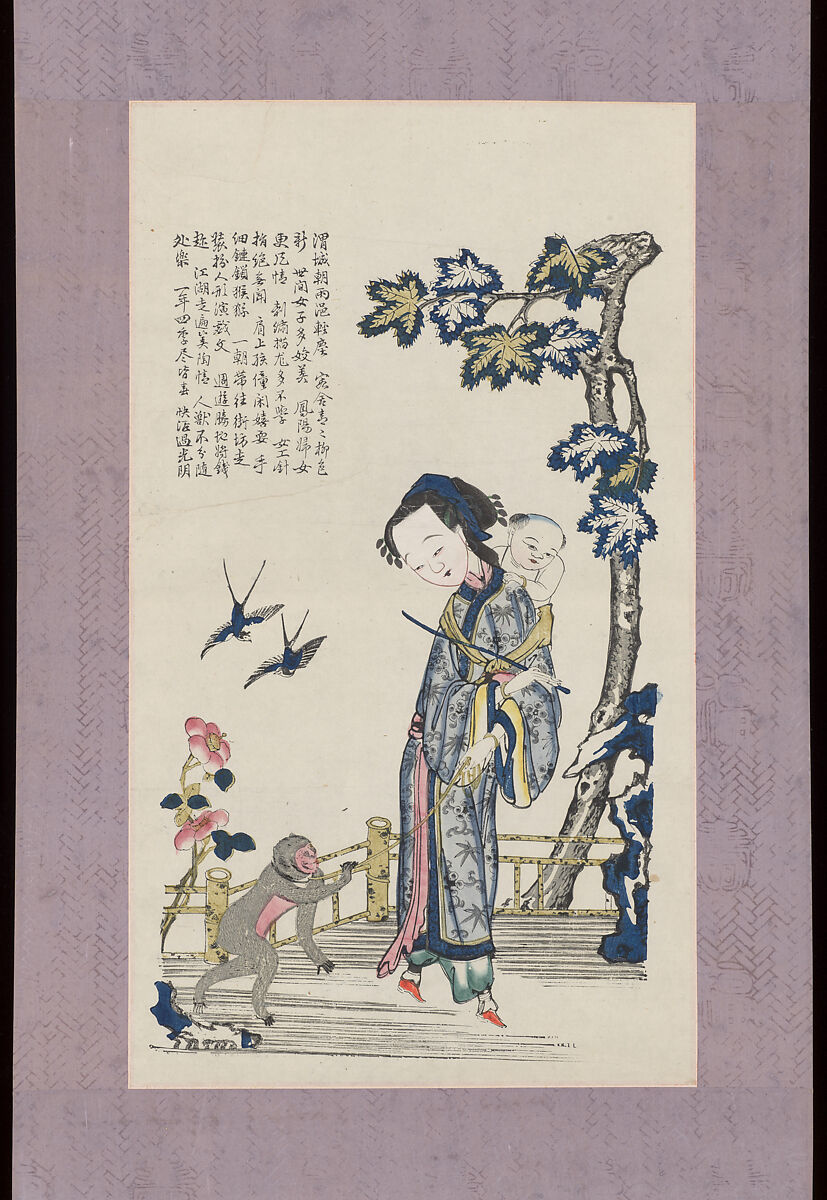 A Beauty Leading a Monkey, Hanging scroll; woodblock print; ink on paper with additional hand coloring, China 