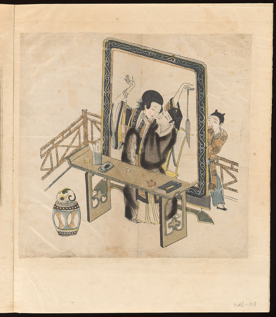 Two Beauties Playing Music, Woodblock print; ink on paper with additional hand coloring, China 