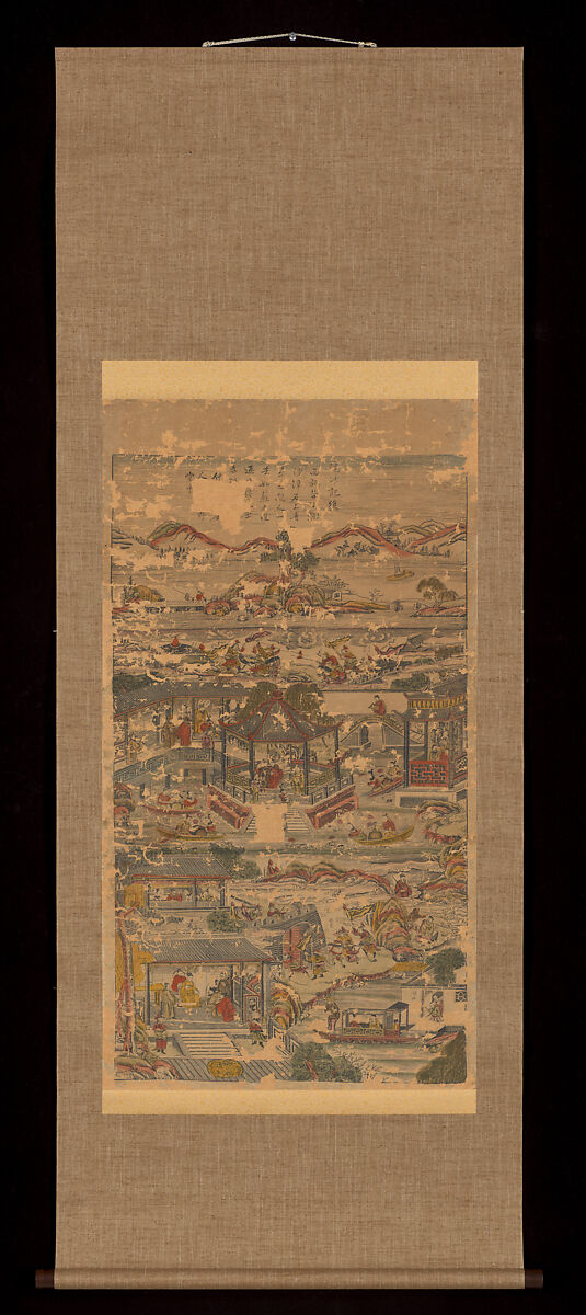 Second Part of Tale of Washing the Silken Gauze, Hanging scroll; woodblock print; ink on paper with additional hand coloring, China, Suzhou