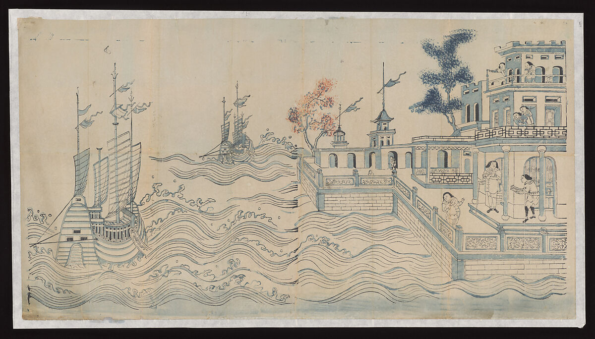 Scene of Westerners, Woodblock print; ink on paper with additional hand coloring, China 