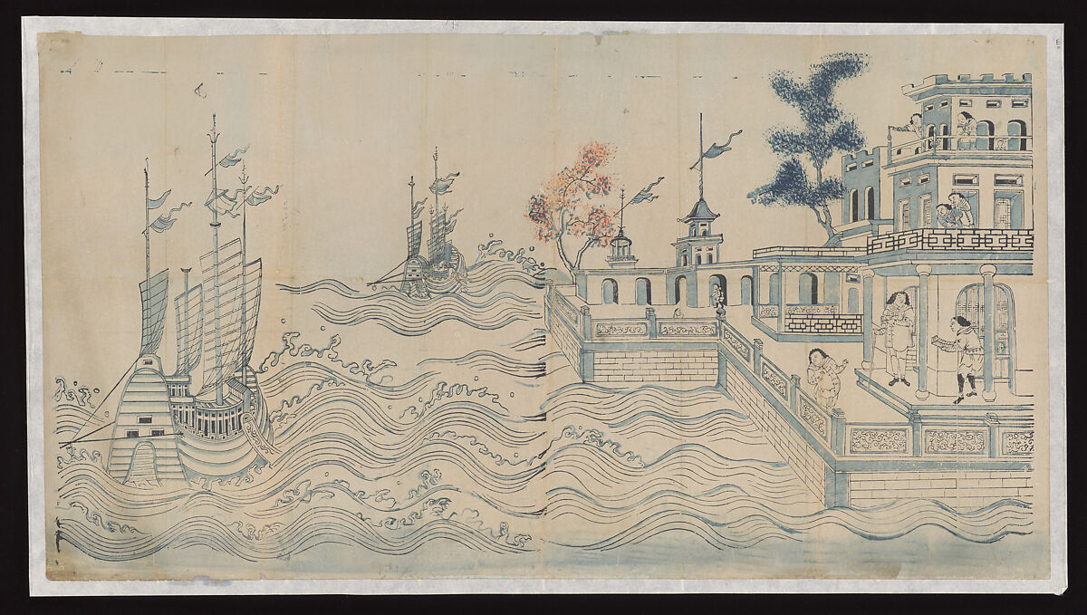 Scene of Westerners, Woodblock print; ink on paper with additional hand coloring, China, Suzhou