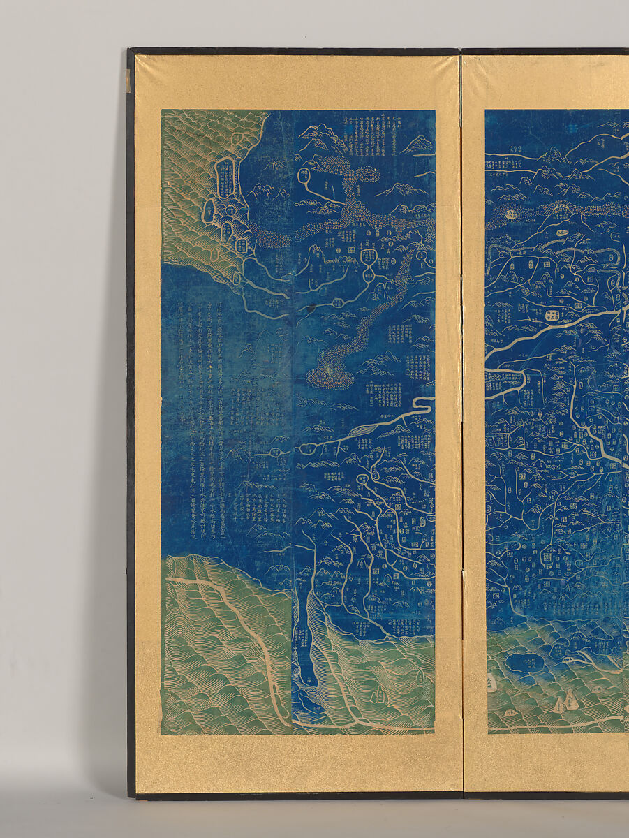 Complete Geographical Map of the Everlasting Unified Qing Empire, Four-panel folding screen; woodblock print; ink and color on paper, China
