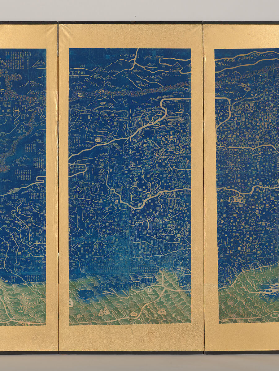 Complete Geographical Map of the Everlasting Unified Qing Empire, Four-panel folding screen; woodblock print; ink and color on paper, China