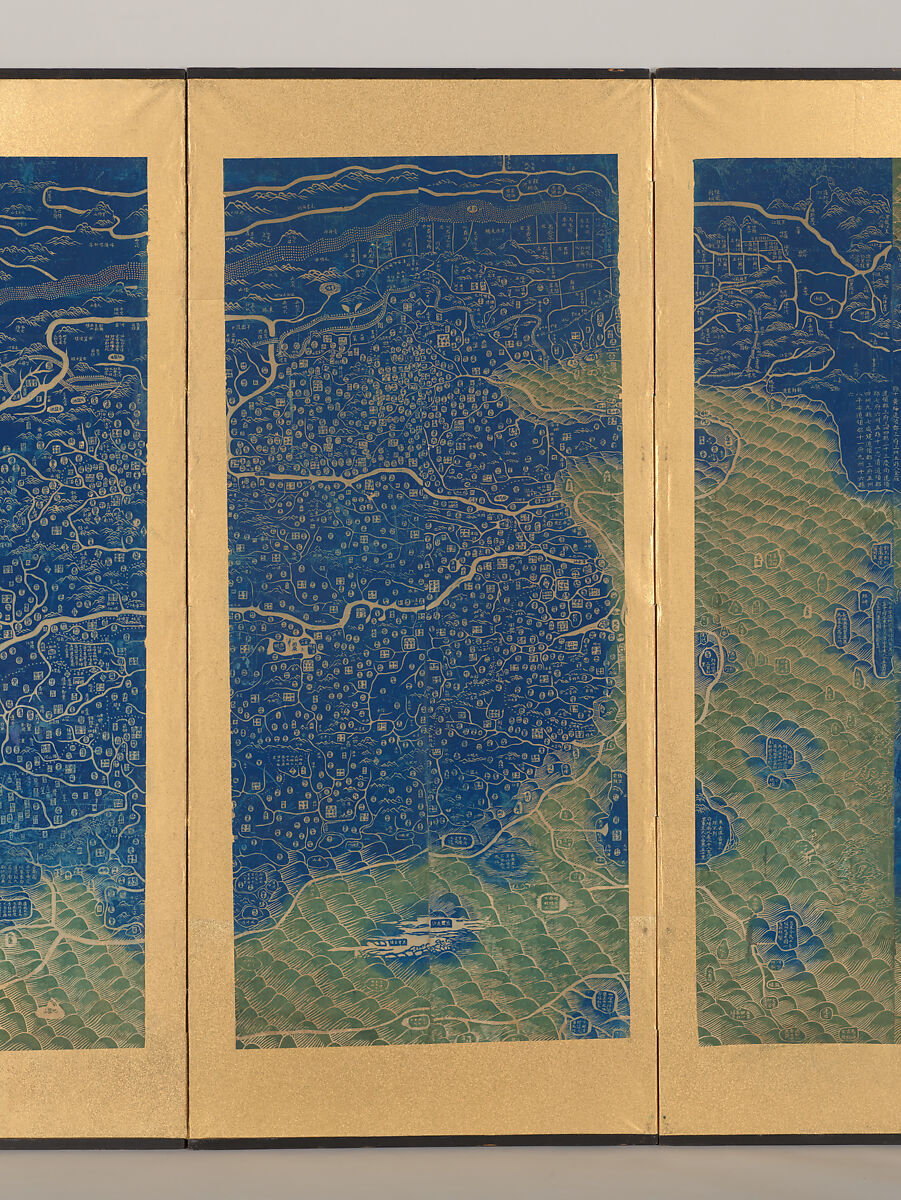 Complete Geographical Map of the Everlasting Unified Qing Empire, Four-panel folding screen; woodblock print; ink and color on paper, China
