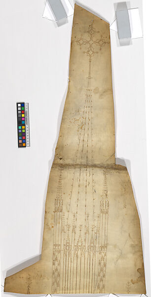 Partial Elevation of the Facade of Strasbourg Cathedral with its North Tower (Drawing B'), After Erwin von Steinbach (German, born Upper Rhine region, died 1318), Pen and black and brown ink, over blind ruling with stylus, guided by compass and straightedge, on parchment
