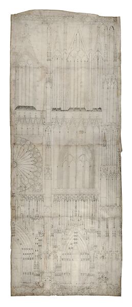 Partial Elevation and Plan of the Facade of Strasbourg Cathedral, Michel de Fribourg  German, Pen and black ink, over blind ruling with stylus, guided by compass and straightedge, on parchment