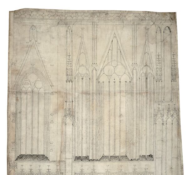 Partial Elevation and Plan of the Facade of Strasbourg Cathedral, Attributed to Michel de Fribourg (German, 1350–1388), Pen and black ink, over blind ruling with stylus, guided by compass and straightedge, on parchment