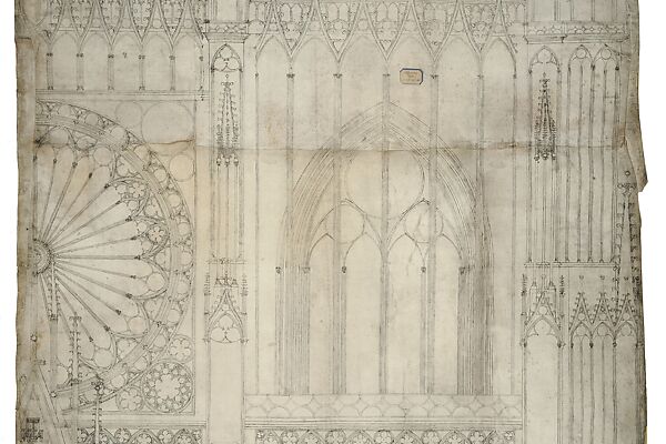 Partial Elevation and Plan of the Facade of Strasbourg Cathedral, Attributed to Michel de Fribourg (German, 1350–1388), Pen and black ink, over blind ruling with stylus, guided by compass and straightedge, on parchment