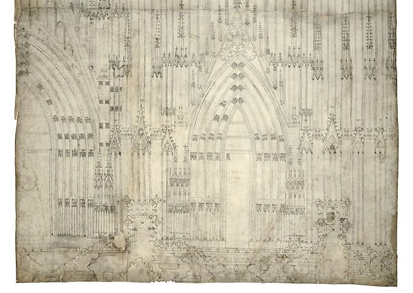 Partial Elevation and Plan of the Facade of Strasbourg Cathedral, Attributed to Michel de Fribourg (German, 1350–1388), Pen and black ink, over blind ruling with stylus, guided by compass and straightedge, on parchment