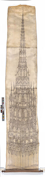 Design for the Crossing Tower of Rouen Cathedral, Roulland le Roux  German, Pen and black ink with gray wash, over traces of metalpoint and blind ruling with stylus, guided by compass and straightedge, on parchment; wood spool
