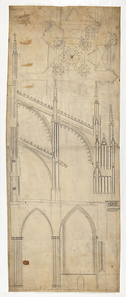 Cross Section of the Northern Half of the Choir and Flying Buttresses of the Cathedral of Saint Vitus (Veitsdom), Prague, Peter Parler, Pen and black ink, over blind ruling with stylus, guided by compass and straightedge, on parchment
