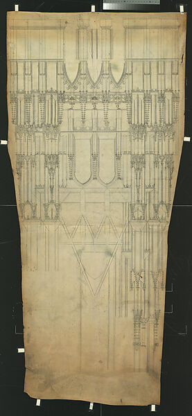 Partial Elevation of the South Tower of the Stephansdom (Saint Stephen’s Cathedral), Vienna, Peter of Prachatitz  Central European, Pen and ink, over blind ruling with stylus, guided by compass and straightedge, on parchment