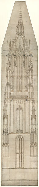 Elevation of the Tower of the Dom (imperial cathedral) in Frankfurt am Main (Drawing A), Michael Kurtze  German, Pen with brown and black ink, and reddish-brown wash on paper
