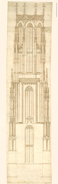 Elevation of the Tower of the Dom (imperial cathedral) in Frankfurt am Main (Drawing C), Nikolaus Quecke  German, Pen and brown ink, over blind ruling with stylus, guided by compass and straightedge, on paper