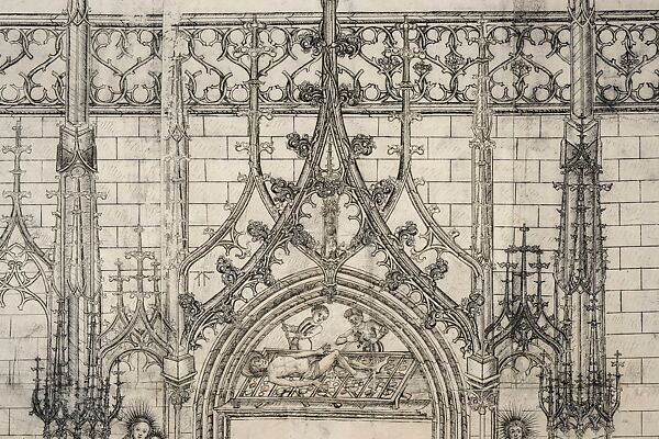 Design for the Saint Lawrence Portal on the North Side of Strasbourg Cathedral, Jakob von Landshut (1450–1509), Pen and ink, over blind ruling with stylus, guided by compass and straightedge, on paper