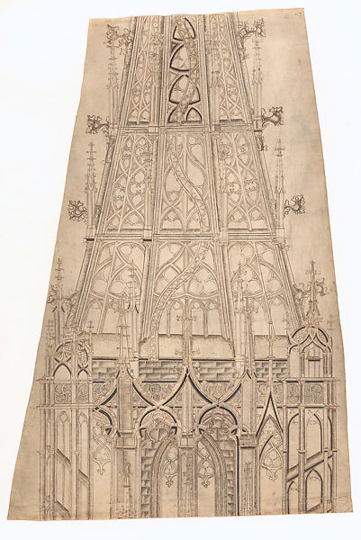 Fragment of the Openwork Spire, West Tower, Ulm Minster (Drawing B), Bernard Winkler, Pen and black ink, over blind ruling with stylus, guided by compass and straightedge, on parchment