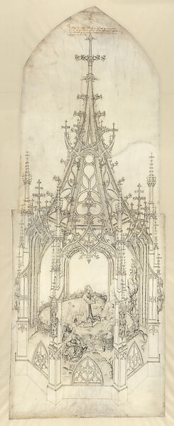 Design for a Mount of Olives Monument for the City of Ulm, Matthaus Böblinger, Pen and black ink, over blind ruling with stylus, guided by compass, on parchment