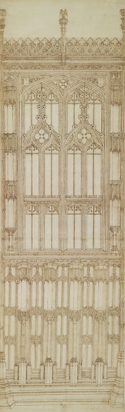 Elevation of One Bay of Bishop Fox’s Chantry in Winchester Cathedral, Humpfrey Coke , and, Pen and brown ink, over partial blind ruling with stylus, guided by straightedge, on paper
