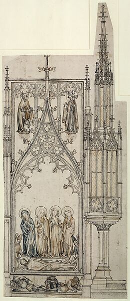 Funerary Monument and "Totenleuchter" (Memorial Lantern) or Sacrament House, Johannes Weckerlin, Pen and black ink with blue-gray, brown, and yellow wash, over blind ruling with stylus, guided by compass and straightedge, on paper
