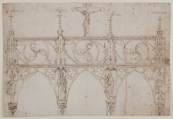 Design for a Rood Screen, Jost Schilder, Pen and brown ink, over partial blind ruling with stylus, guided by compass, on paper