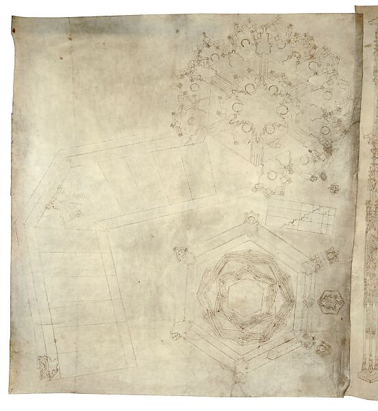 Elevation and Plans for the Pulpit of Strasbourg Cathedral, Hans Hammer (German, 1440/45–1519), Pen and reddish-brown ink, over partial blind ruling with stylus, guided by compass and straightedge, on parchment
