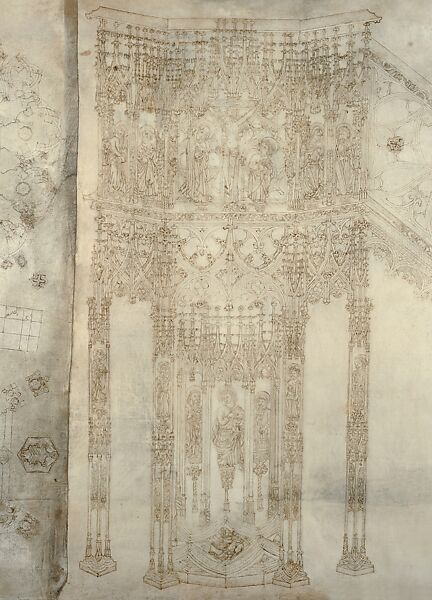 Elevation and Plans for the Pulpit of Strasbourg Cathedral, Hans Hammer (German, 1440/45–1519), Pen and reddish-brown ink, over partial blind ruling with stylus, guided by compass and straightedge, on parchment