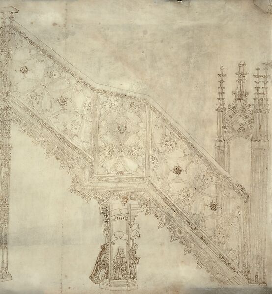 Elevation and Plans for the Pulpit of Strasbourg Cathedral, Hans Hammer (German, 1440/45–1519), Pen and reddish-brown ink, over partial blind ruling with stylus, guided by compass and straightedge, on parchment