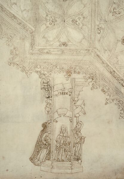 Elevation and Plans for the Pulpit of Strasbourg Cathedral, Hans Hammer (German, 1440/45–1519), Pen and reddish-brown ink, over partial blind ruling with stylus, guided by compass and straightedge, on parchment