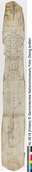 Recto: Elevation for the Tower of Freiburg Minster; verso: Various Floor Plans and Elevations (Nuremberg Drawing), Circle of (?) Erwin von Steinbach (German, born Upper Rhine region, died 1318), Pen and black ink, over partial blind ruling with stylus, guided by compass, on parchment