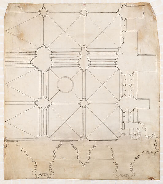 Partial Floor Plan of the Facade and South Tower of Cologne Cathedral, Anonymous, German (active late 13th–early 14th century) German, Pen and black ink, over blind ruling with stylus, guided by compass and straightedge, on parchment