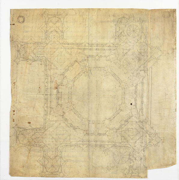 Elevation of the Inner Wall of the Porch(recto), and Floor Plan (verso) of the North Tower (Adlertor), Stephansdom (Saint Stephen’s Cathedral), Vienna, Lorenz Spenning or Workshop, Pen and black ink, over blind ruling with stylus, guided by compass and straightedge, on parchment