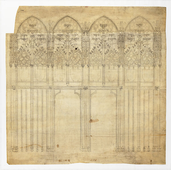 Elevation of the Inner Wall of the Porch(recto), and Floor Plan (verso) of the North Tower (Adlertor), Stephansdom (Saint Stephen’s Cathedral), Vienna, Lorenz Spenning (Central European, ca. 1400-1477/78) or Workshop, Pen and black ink, over blind ruling with stylus, guided by compass and straightedge, on parchment
