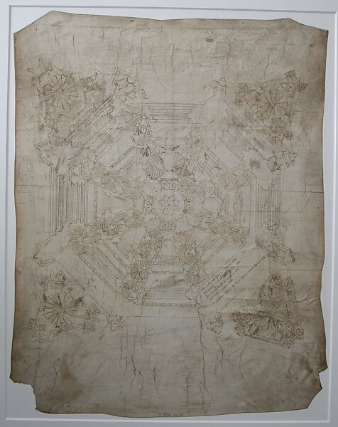 Recto: Floor Plan of the Tower and Entrance Portal, Ulm Minster; verso: Floor Plan of the Octagonal Tower, Strasbourg Cathedral (Drawing IIIC), Attributed to Matthäus Ensinger (1390–1463), Pen with black and gray-brown ink, over blind ruling with stylus, guided by compass and straightedge, on parchment