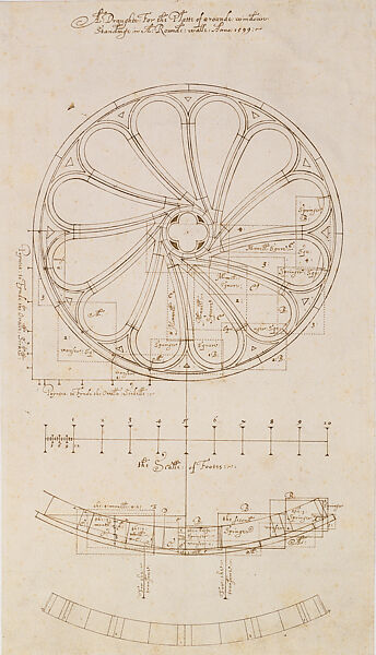 Elevation of a Rose Window, with Measurements, Plans, and a Scale, Robert Smythson, Pen and brown ink, over blind ruling with stylus, guided by compass and straightedge, on paper