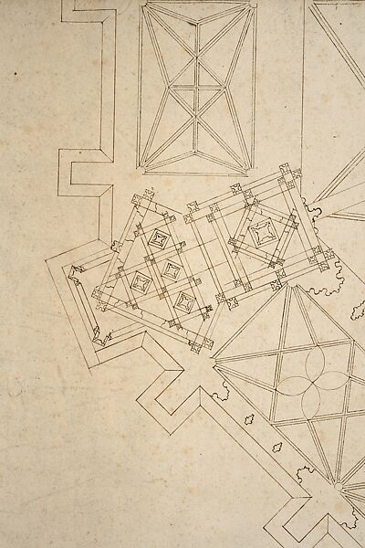 Vaulting Plan for a Choir and Ambulatory, Bernard Nonnemacher (German, active 1520-51), Pen and brown ink, over blind ruling with stylus, guided by compass and straightedge, on paper