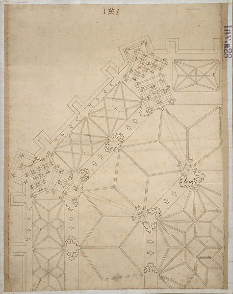 Vaulting Plan for a Choir and Ambulatory, Bernard Nonnemacher, Pen and brown ink, over blind ruling with stylus, guided by compass and straightedge, on paper