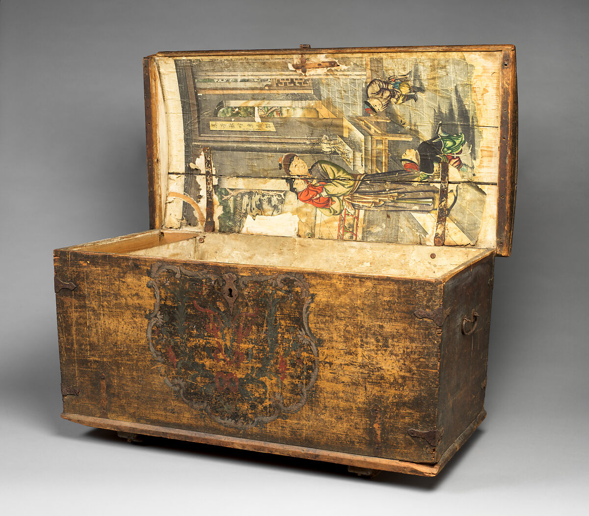 Wooden chest with print "Gusu Beauty in Winter" pasted inside, Pinewood (chest); polychrome woodblock print; ink and color on paper, China